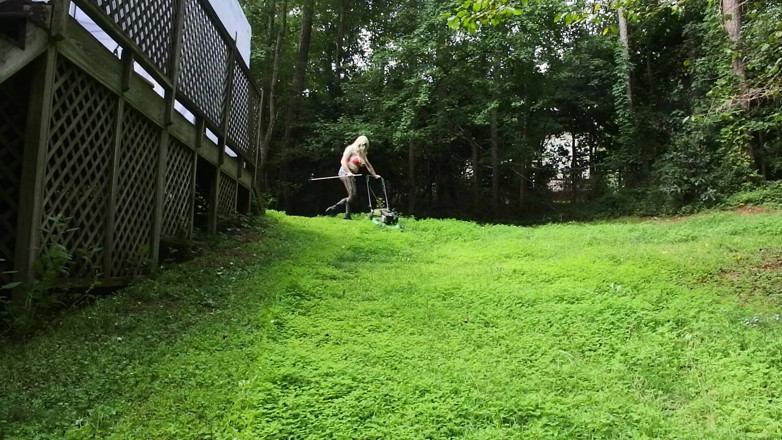 Jon Screcrow: Big Fake Tits Crossdresser in Daisy Dukes Mowing Grass