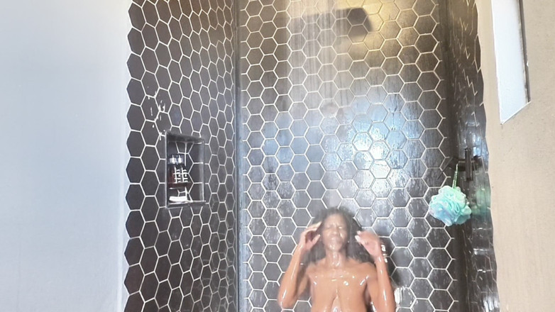 Black Swan: Ebony MILF Surprised in the Shower Masturbating