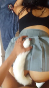Schoolgirl Fucking Her with a Foxtail in the Ass
