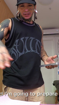 Giant Tattoo Artist Shows His Cock to Tiny Human