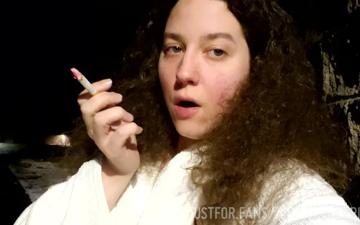 The Artist Next Door: Cute brunette smoking outside in nothing but a bathrobe