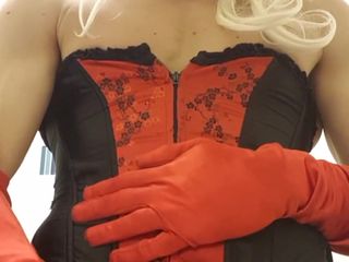 Jessica XD: 自分を奮い立たせて、赤いサテンの手袋(厚い汚れ)をめちゃくちゃにする 黒赤コルセット、ストッキング、6ストラップサスペンド