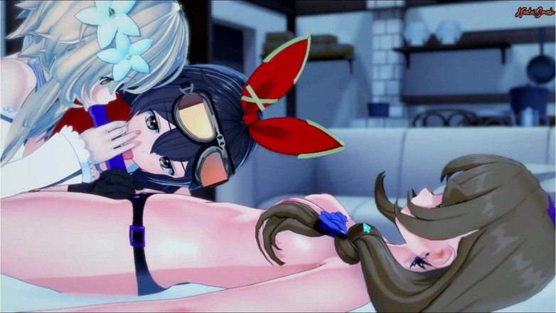 Hentai Smash: 레즈 쓰리섬에서 Lisa에게 따먹히는 앰버와 루민 겐신 임팩트 헨타이.