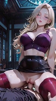 Blonde bombe in lila dessous Glänzender schwarzer rock, rote strümpfe, high heels