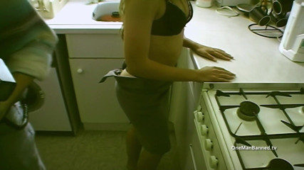 One Man Banned: Skinny British brunette posing in the kitchen