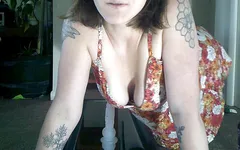 Hairy dildo ride wearing a sundress