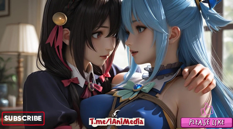 Iani media: Konosuba 소프트 쇼의 Sfw Aqua와 Yunyun은 레즈를 만지고 키스합니다.