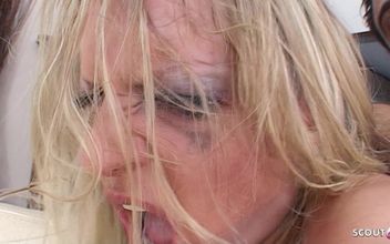Blonde Slutty MILF Sarah Fucked in the Ass by Neighbor and Husband in Threesome