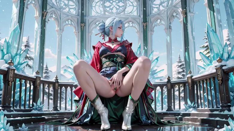 Seraphina Vale: Ice Throne! Pesta berambut perak dalam gaun hijau merah melutut,...