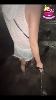 Late Night Stroll with My Locked Chastity Subs Caged Cock Exposed and on a Leash