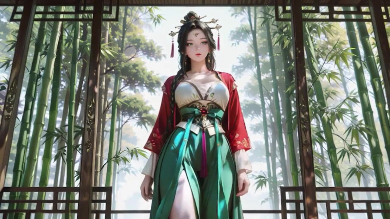 Seraphina Vale: The Red-robed Goddess in a Sun-dappled Secret Garden, Lazily Turning...