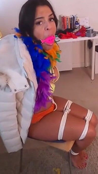 Latina Bound Tight and Gagged with Different Gags! While Wearing Feather Boa and Different Fur Parkas (smaller Size)