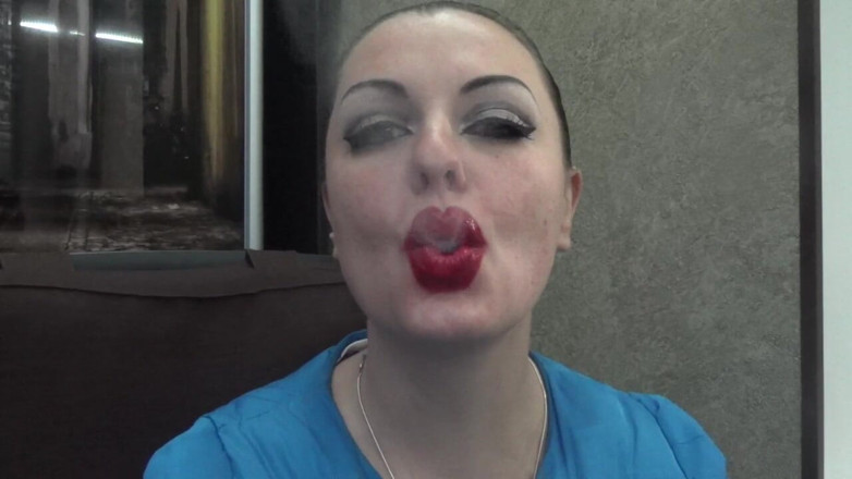 Goddess Misha Goldy: Sexy make-up huge red lips smoking