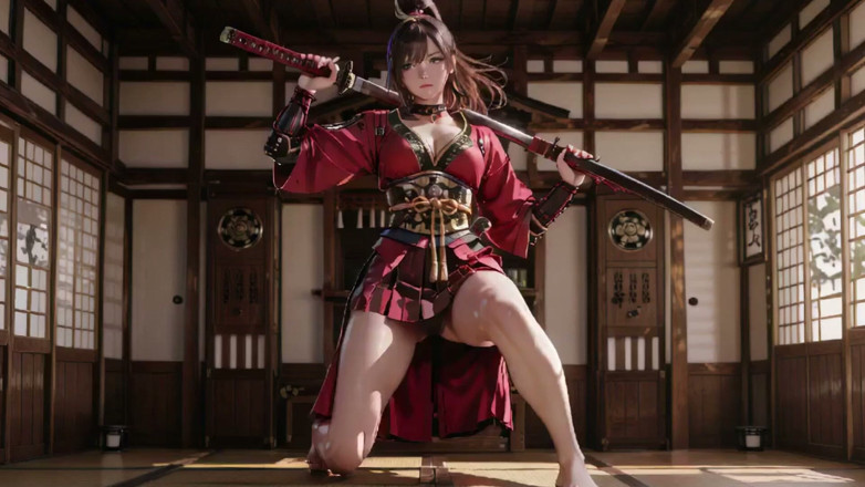Seraphina Vale: Crimson Samurai! Guerriera dai capelli rossi inginocchia al sole