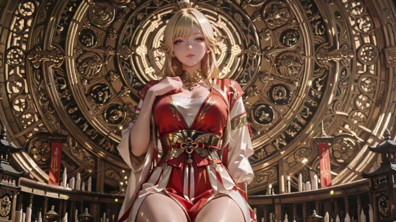Seraphina Vale: Celestial goddess steigt ab! Rot-weiße hanfu, goldenes Haar, barfuß im...