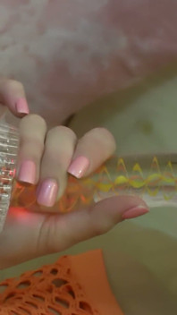 Glass Dildo Solo in an Orange Fishnet Bodysuit - Busty Brunette Plays on the Couch