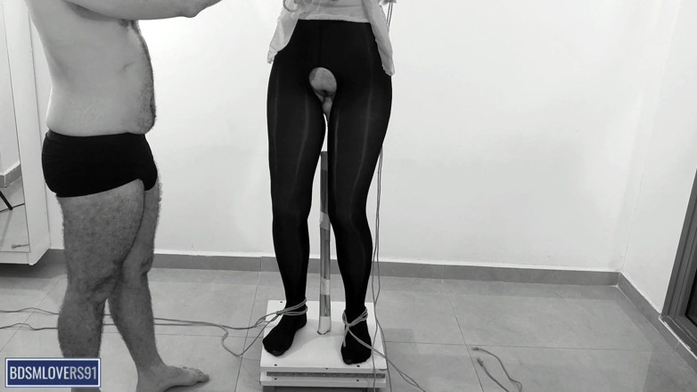 Bdsmlovers91: Shaking Legs in Black Pantyhose Standing Pole Bondage with None...