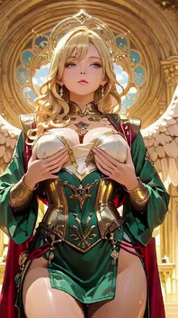 Blonde Angel Queen! Sacred Kneeling in a Grand Cathedral, the Green Robe Barely Hiding Her Soft Curves