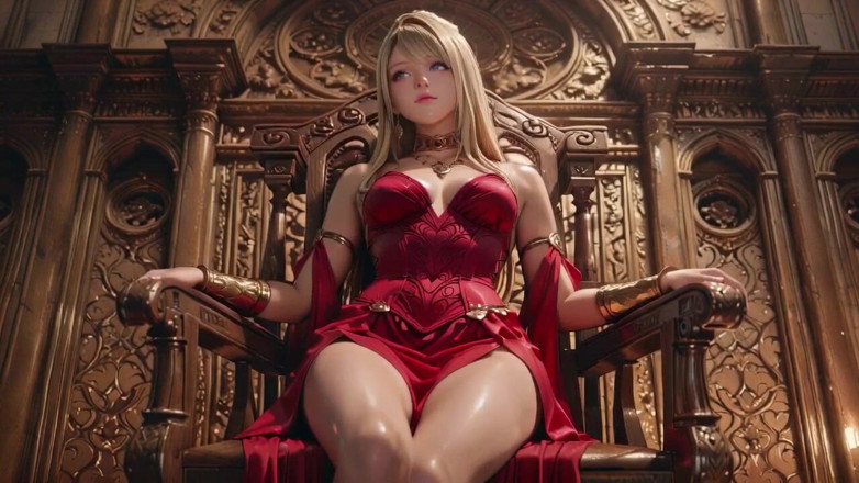 Seraphina Vale: Blonde königin in roter Rüstung! der verbotene Thron. Von noblen...
