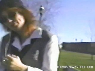 Homegrown Wives: Gum chewing tramp flashes outdoors