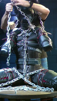 Furry Puppy in Thick Chains Corset, Armbinders & Stress Pose