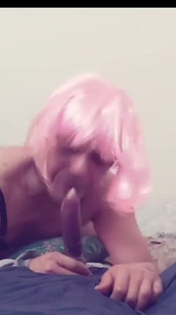 Deepthroated and Spitted on a Fake Dildo Wearing Condom, Lubed, Strawberry