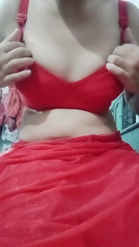 Indian Gay Crossdresser Bottom Gaurisissy Pressing and Playing with Her Big Boobs in Red Saree with Heavy Jwellery