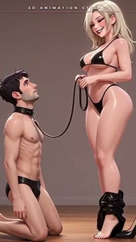 Tall Latex Blonde Leads Her Collared Man by the Leash - Foot in His Mouth