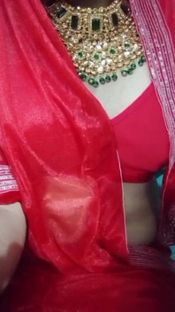 Indian Gay Crossdresser Bottom Gaurisissy Pressing and Playing with Her Big Boobs in Red Saree with Heavy Jwellery