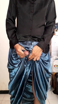 Crossdresser Cumming Wearing Satin Silk Blouse and Shiny Skirt