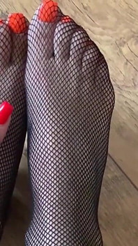 Adeline Murphy Is a Cheating Wife in Black Fishnet Stockings. Footjob POV Cum Onto Feet