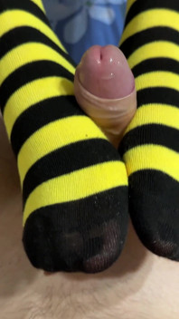 Handjob From Girl in Mittens and Sockjob in Striped Knee Socks