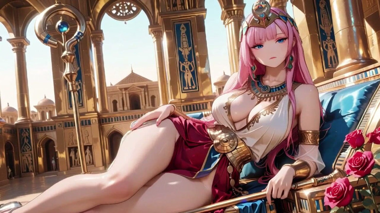 Inside the Golden Egyptian Temple, She Kneels in Her Red and White Robe, Sipping From a Golden Cup with Hazy Eyes.
