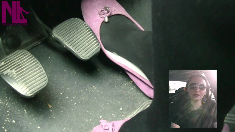 Nyllady: Driving in Black Thick Nylons and Pink Flats