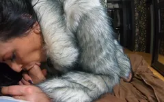 Cum Play While Wearing a Grey Fur-coat and Long Boots 214