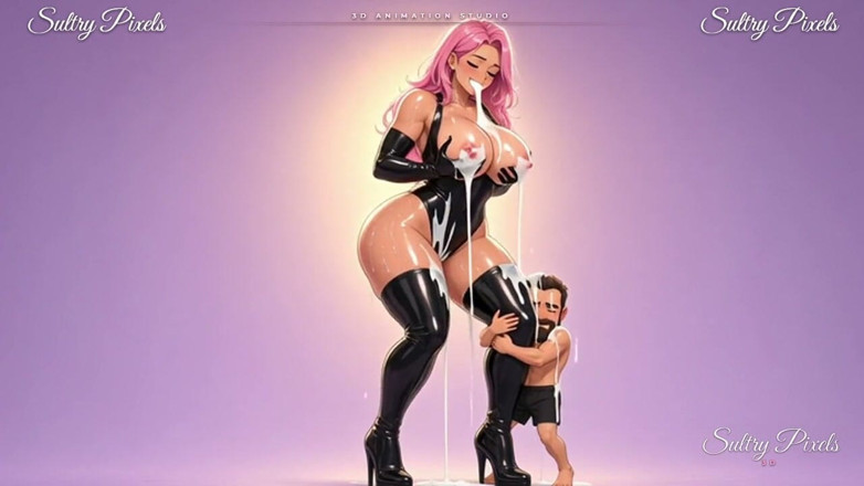 Sultry Pixels 3D: Rozeharige anime latexreuzin perst melk uit haar enorme tieten terwijl...
