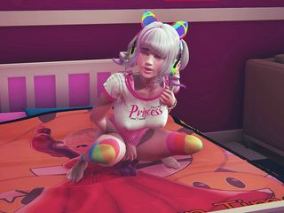 Waifu club 3D: Gamermeisje berijdt dildo na het kijken naar hentai