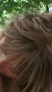 Beautiful blonde cougar with natural tits gets fucked in the woods after the picnic and gets facial with blowjob