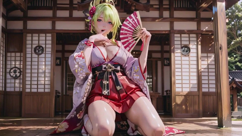 Seraphina Vale: Japon koridorunda sarışın tanrıça, tembel bakışlar, kalçalara el, güneş ışığı tenini...
