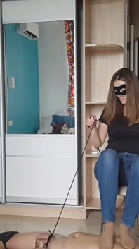 Masked female dominates her pet slave: Part 1