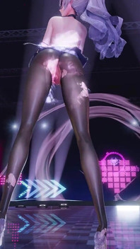 Jiggling Breasts; Bare-bottomed Miniskirt; Crotchless Black Stockings