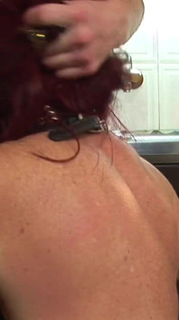 Redhead milf with nipple squeeze on tits and pussy to be fucked by cock in her ass
