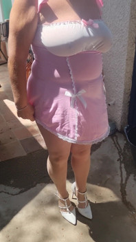 Outdoor Piss Slut in Pink Babydoll & Tan Tights. I Piss Hard While Walking Then Sitting, Soaking My Tights and White Stilettos.