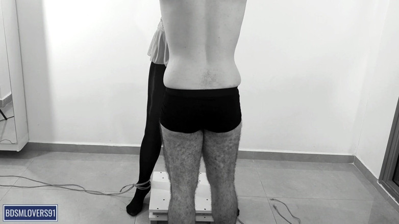 Bdsmlovers91: Shaking Legs in Black Pantyhose Standing Pole Bondage with None...