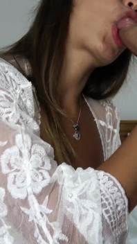 Beauty in white peignoir suck huge dick lover and cumshot on boobs