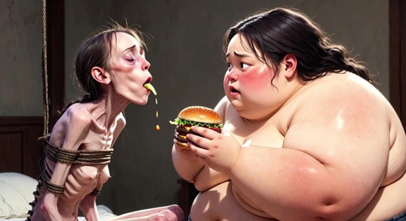 YOUR BEST FANTASY: Skinny Girl Getting Fed by Huge Fat Woman - Contrast Feeding...