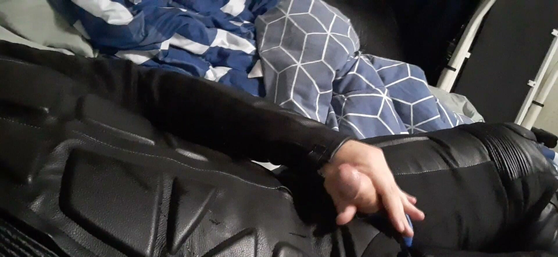 Biker Cums in Leather Moto Race Suit