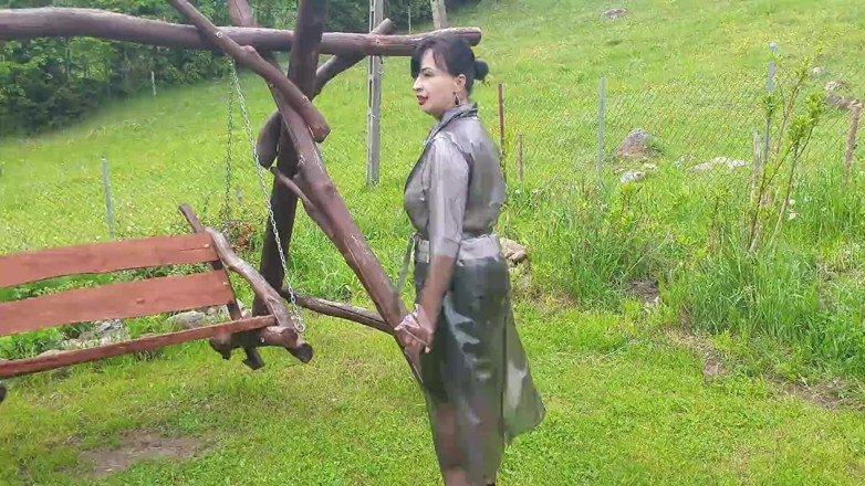 Wanilianna: Raincoat, nylons and bra with open nipples