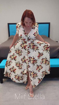 Long Floral Dress, White Toes and Tan Mule Heels Try on