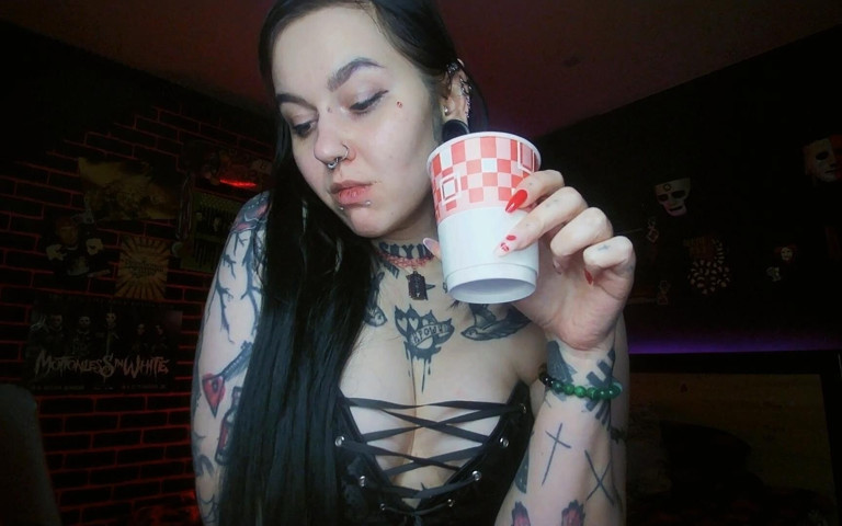 Sexy Alternative Brunette Drinking Sparkling Water and Burping (Horror circus) Sexy Alternative Brunette Drinking Sparkling Water and Burping (Horror circus)